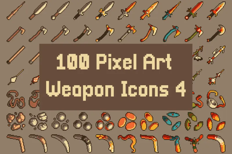 100 Pixel Art Weapon Icon Pack 4