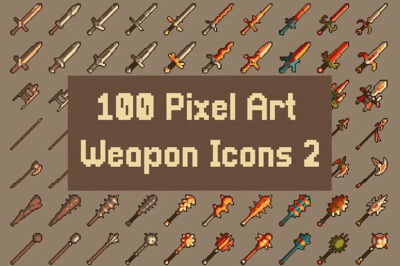100 Pixel Art Weapon Icons Pack 2