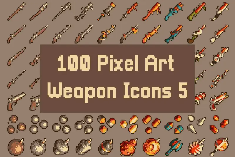100 Pixel Art Weapon Icons Pack 5