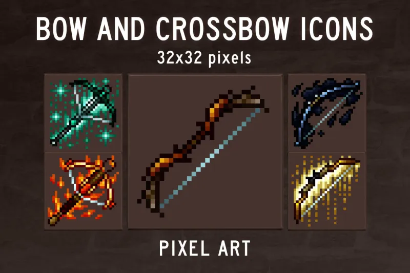 Free Bow and Crossbow Pixel Art Icons