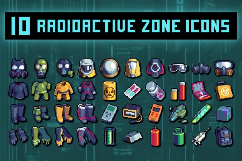 Free Protective Suit Against Radiation and Things Pixel Art Icons
