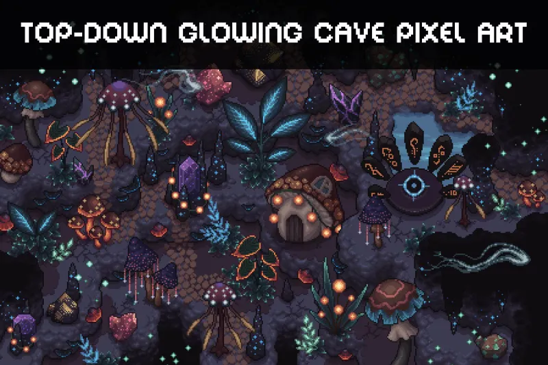 Glowing Cave Top-Down Tileset 2D Pixel Art
