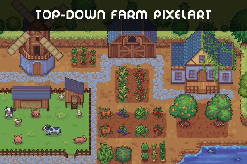 Top-Down Farm with Animals Pixel Art Asset Pack